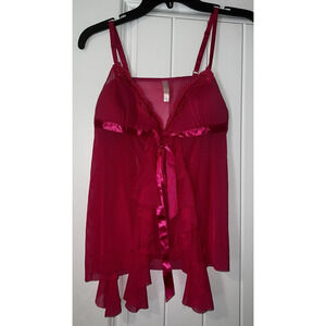 Victorias secret sexy hot pink baby doll lingerie ruffle front tie bow lace MED
